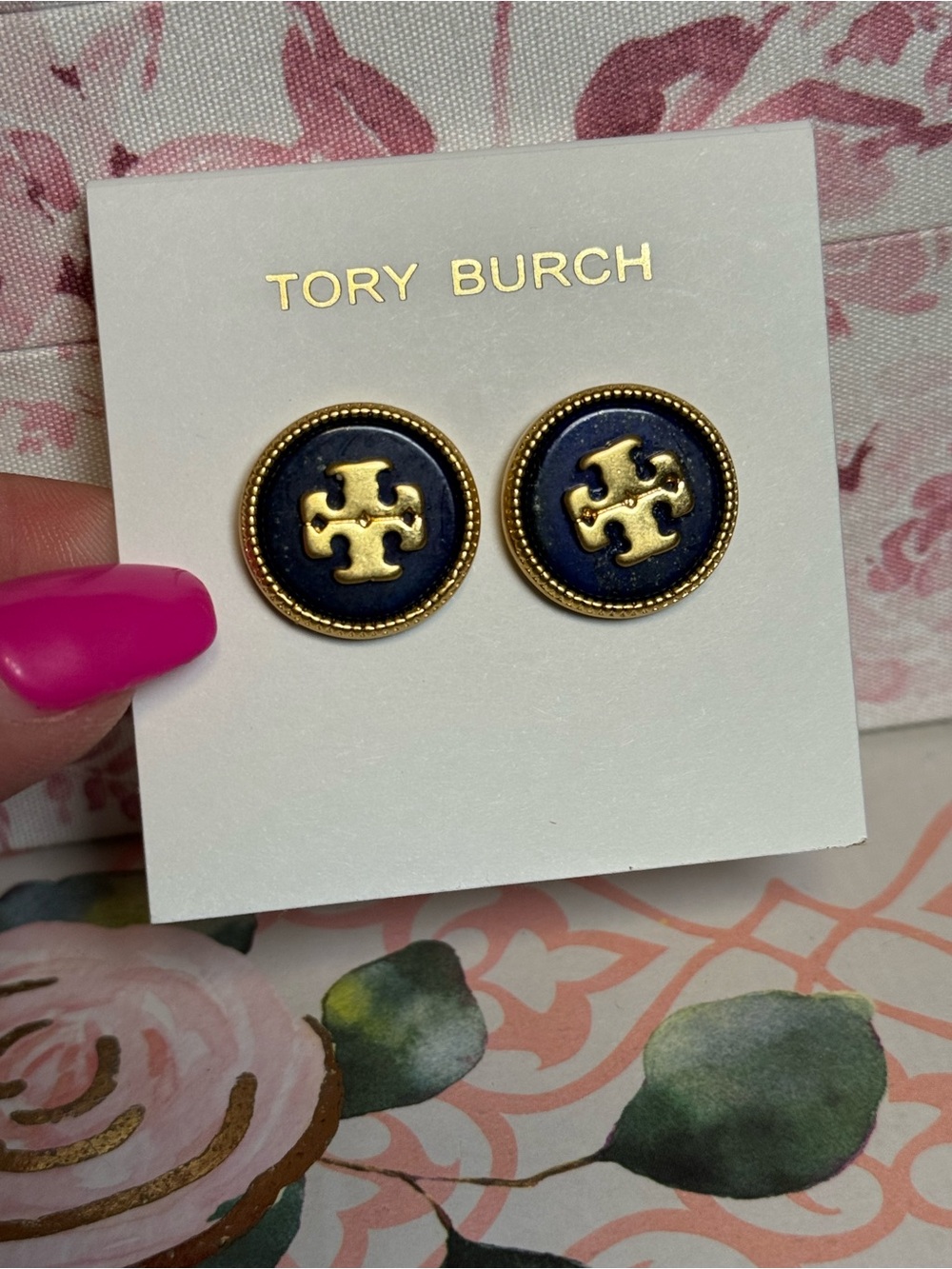Tory Burch Navy and Gold Logo Stud Button Earrings New